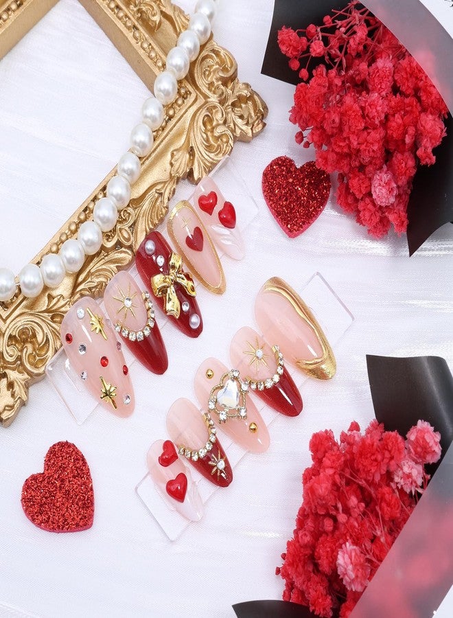 KRTBKR 24Pcs Valentines Day Press on Nails Medium Almond Red French Tip Fake Nails Gold Bow Star with Rhinestones Bling Full Cover Glue on Nails 3D Heart False Nails Valentines Stick on Nail for Women - Image 4